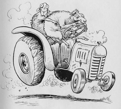 cartoon: two sheep on tractor