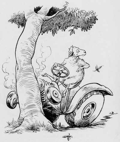 cartoon: one sheep on tractor